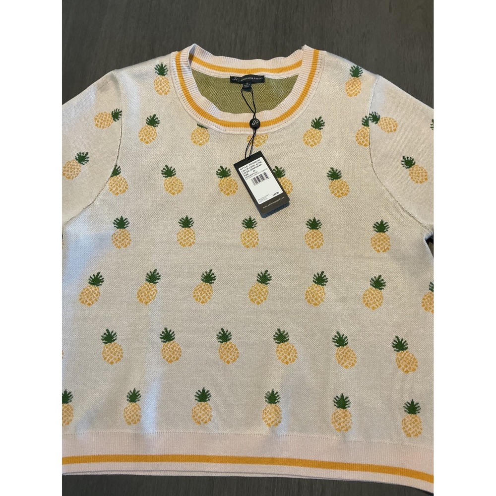 NWT Adrianna Papell Pineapple Short Sleeve Knit Sweater Crewneck Cream Size XL